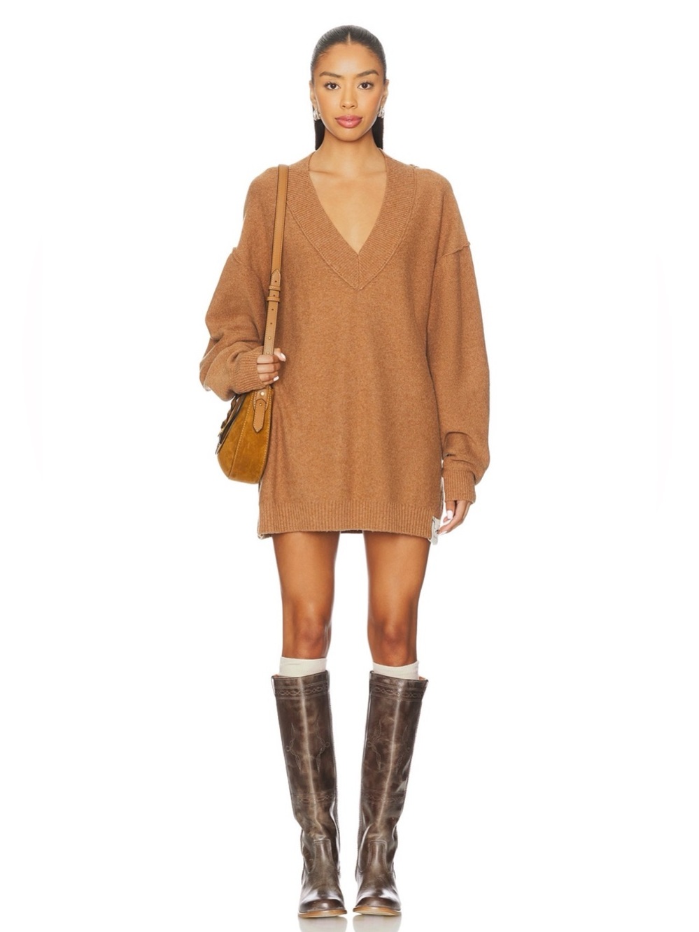 Free People We The Free Chelsea V-Neck Tunic Sweater Muscovado Brown XS NWT
